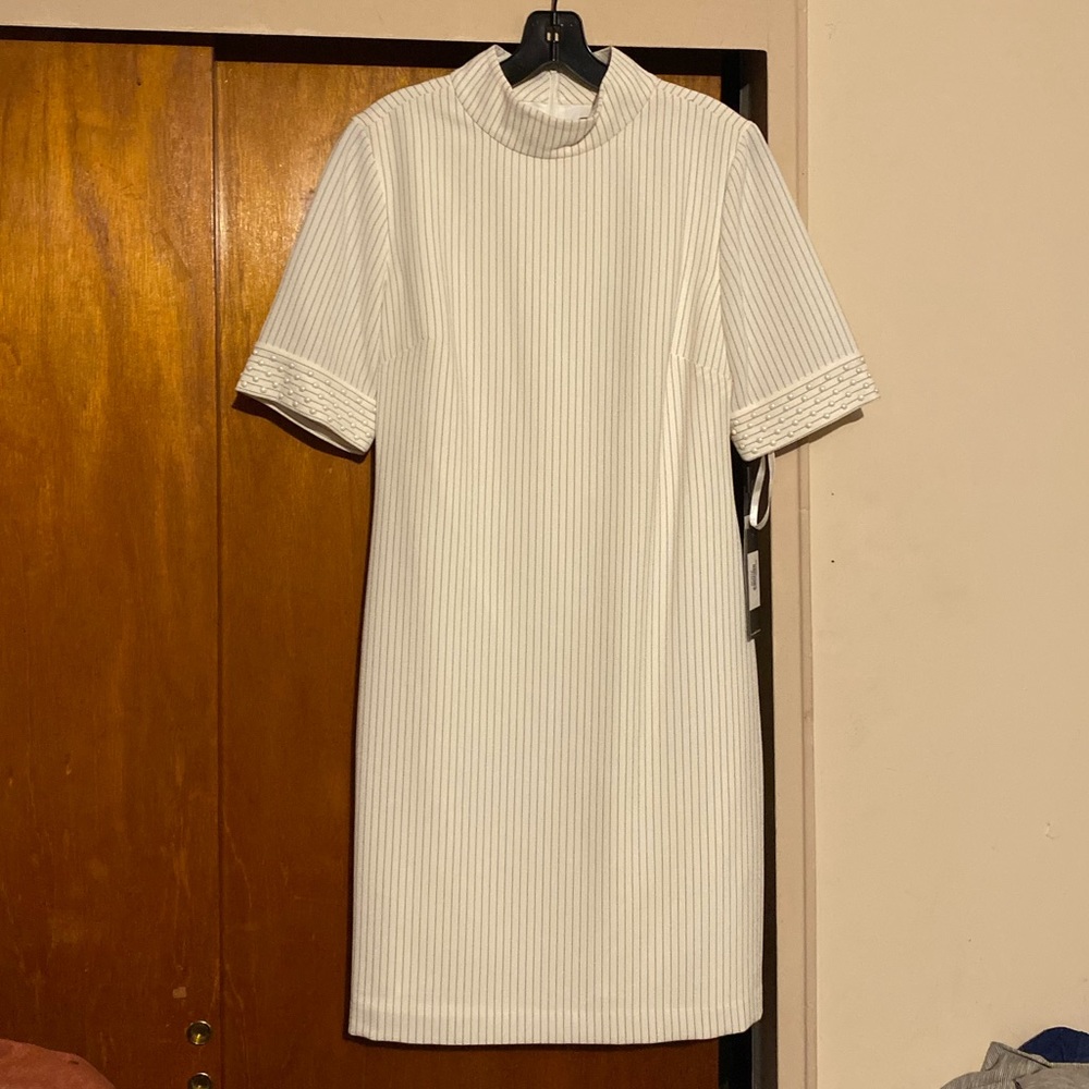 White w/ Black pin stripes, mock neck dress with short sleeves